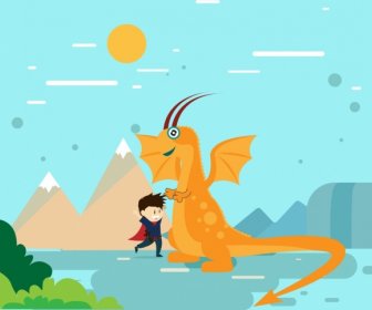 El Dragon Y El Héroe De Dibujos Animados De Colores De Fondo Estilo