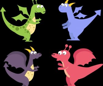 Collecte De Style Animation Couleur Dragon Stylisé Icônes