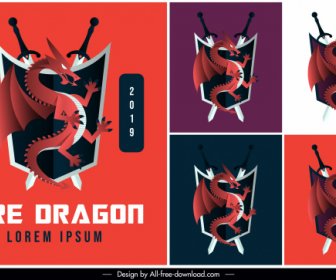 Логотипы драконов Западный дизайн Мечи Щит Декор