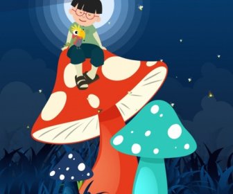 Dream Background Boy Giant Mushroom Moonlight Icons Decor