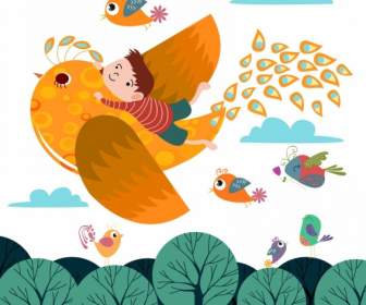 Träumen Sie Hintergrund Fliegende Vögel Symbole Farbige Cartoon-design