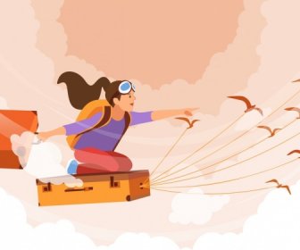 Traum-Hintergrund Fliegen Mädchen-Koffer-Vögel-Cartoon-design