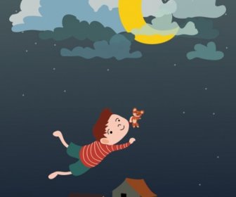 Dream Background Flying Kid Icon Colored Cartoon Design