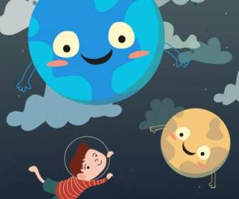 Dream Background Flying Kid Stylized Planets Icons