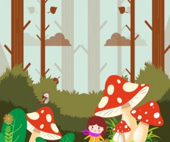 Traum Hintergrund Mädchen Riesigen Pilz Symbole Bunten Cartoon