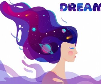 Dream Background Girl Hair Planets Universe Icons Sketch