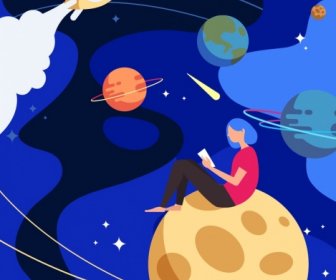 Dream Background Girl Reading Book Space Planets Icons