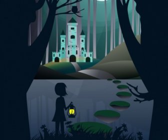 Dream Background Silhouette Style Little Girl Moonlight Icon