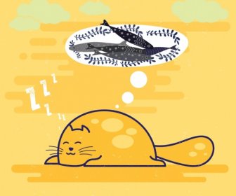 Kedi Balık Düşünce Kabarcıklar Dekor Uyku Rüya Arka Plan