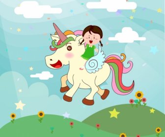 Sueño De Diseño De Dibujos Animados Iconos De Fondo Chica Pequeña Unicornio