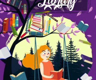 Dream Library Banner Woman Tree Flying Books Decoration