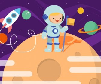 Dreaming Background Astronaut Theme Colored Cartoon Design