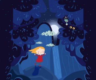 ícones De Floresta Fundo Escuro Design Azul Criança A Sonhar