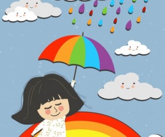 Dreaming Background Flying Girl Stylized Clouds Colorful Rainbow