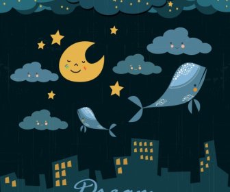 Dreaming Background Flying Whales Stylized Cloud Moon Icons
