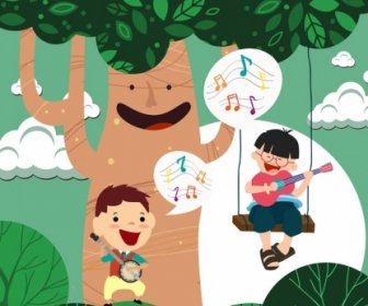 Dreaming Background Joyful Boys Stylized Tree Colored Cartoon