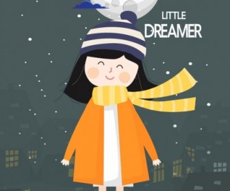 작은 소녀 따뜻한 코트 달빛 아이콘 배경 꿈