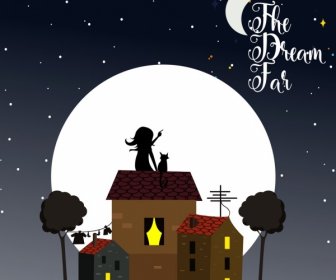 Soñando Background Moonlight Girl Cat Iconos De Diseño De Dibujos Animados