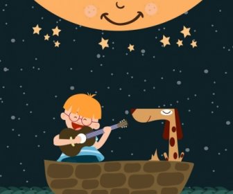 Dreaming Background Playful Boy Marine Moon Icons Ornament