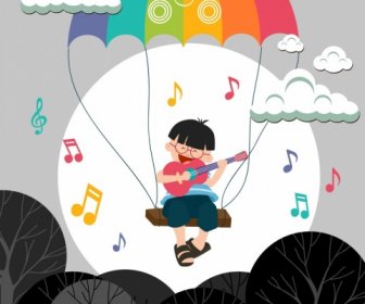 Dreaming Background Singing Kid Colorful Umbrella Icons Design