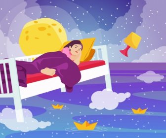 Dreaming Background Sleeping Girl Sea Ships Cloud Icons