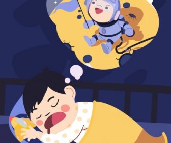 Träumenden Hintergrund Schlafende Kind Astronaut Symbole Comic-Figuren