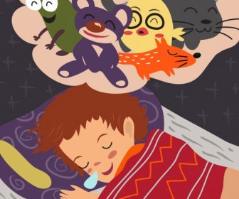 Dreaming Background Sleeping Kid Cute Animals Icons