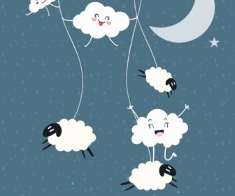 Sognando Sfondo Stilizzato Nuvola Pecore Luna Stelle Icone
