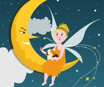 Sonhar Fundo Estilizado Crescente Fairy Icons Colorido Cartoon