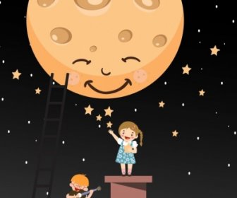 Dreaming Background Stylized Round Moon Playful Kids Icons
