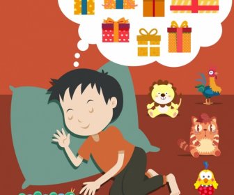 Dreaming Drawing Sleeping Kids Toys Present Boxes Icons