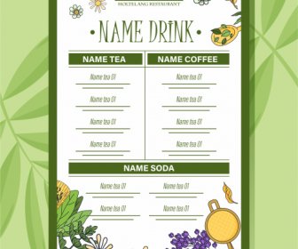 Drink Menu Template Floral Herbs Sketch Flat Handdrawn