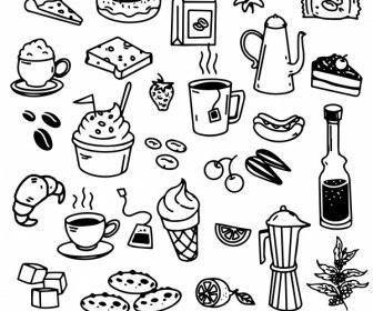 Drinks Foods Icons Black White Handdrawn Sketch