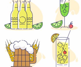 Bebidas ícones Cerveja Vinho Coquetel Esboço Clássico Plano
