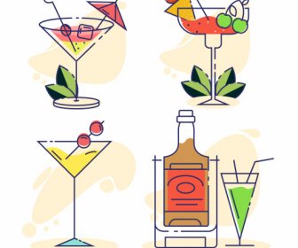 Bebidas Iconos Cóctel Vino Boceto Plano Dibujado A Mano