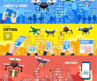 Drones Promotion Banners Illustration With Application Concepts