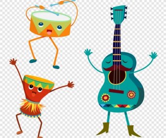 Drum Guitar Instruments Icons Cute Stylized Design