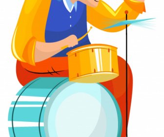 барабанщик значок мультипликационный персонаж эскиз красочный дизайн