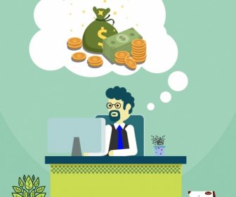 Earning Money Background Working Man Money Thought Icons