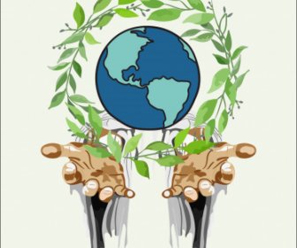 Earth Day Banner Globe Wreath Hands Sketch