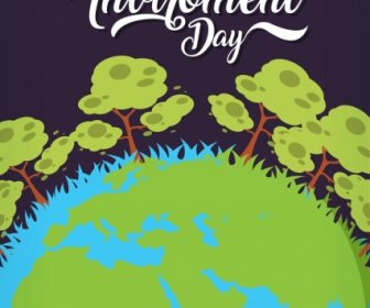 Earth Day Banner Green Grass Globe Trees Icons