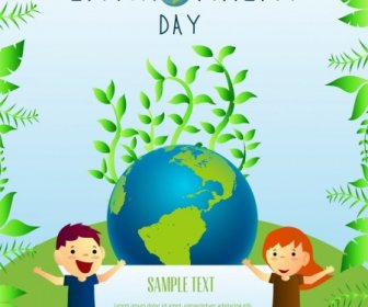 Earth Day Banner Green Trees Globe Children Icons