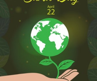 Earth Day Banner Sparkling Shining Globe Hand Icons