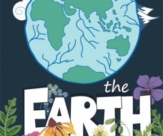 Earth Day Poster Globe Elements Sketch Flowers Decor