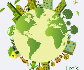 Earth Day Poster Green Planet Buildings Trees Icons