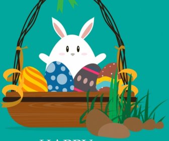 خلفية ملونة ديكور عيد الفصح الأرنب سلة البيض الايقونات