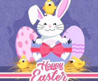 Easter Banner Cute Bunny Chicks Egg Shell Icons