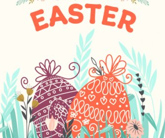 부활절 배너 템플릿 다채로운 플랫 플로라 계란 스케치