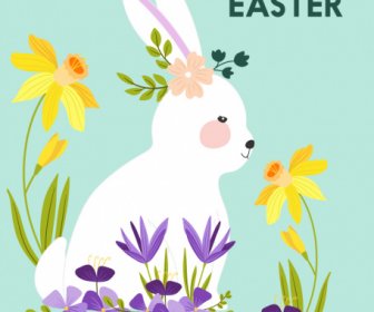 Easter Banner Template Flat Rabbit Flowers Colorful Classic