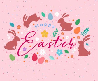 Пасхальная открытка Обложка Шаблон Яйца Цветы Кролики Силуэты Каллиграфия Декор
